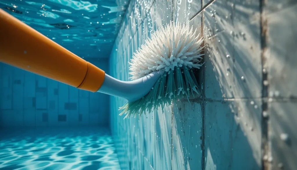Close-up de uma escova de nylon limpando eficazmente a parede de azulejos de uma piscina, removendo sujeira incrustada.