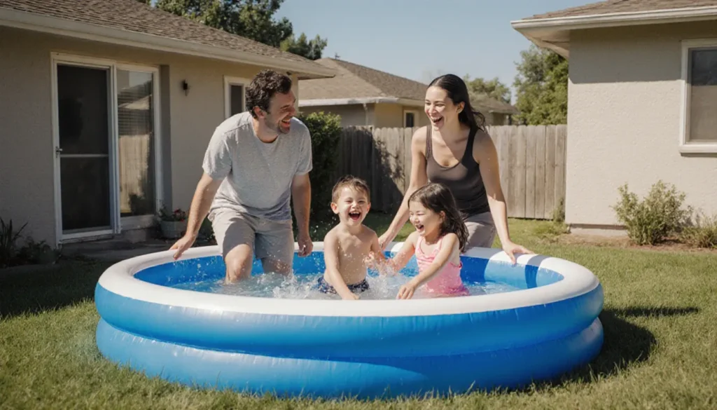 Uma família sorridente com duas crianças brincando alegremente em uma piscina de plástico de armação em um quintal ensolarado, ilustrando se vale a pena o investimento.