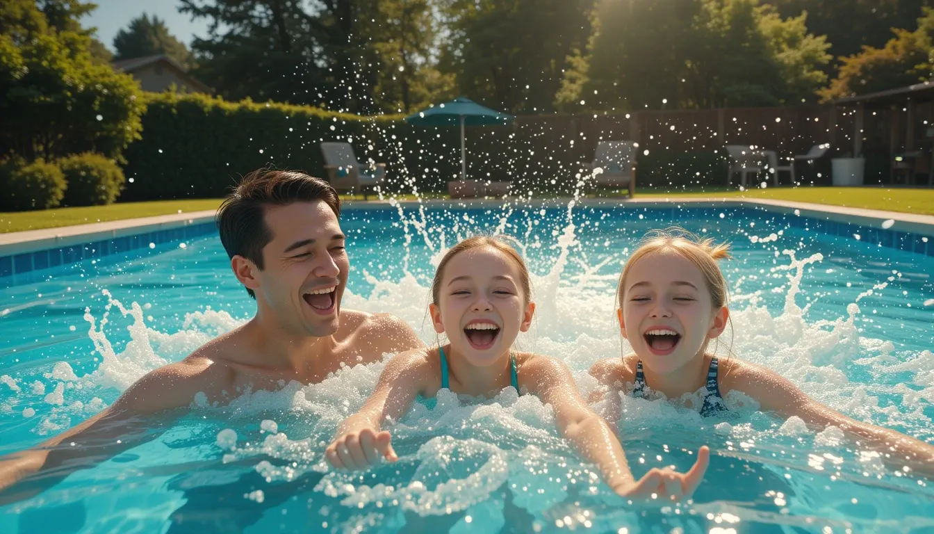 Uma família feliz com pai, mãe e dois filhos brincando em uma piscina de plástico retangular, azul e limpa, instalada em um gramado verde.