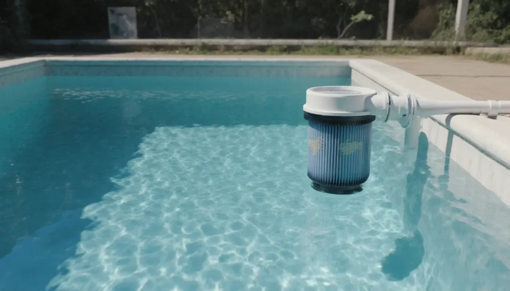Piscina de Plástico Vale a Pena? Vantagens, Desvantagens e Custos A pequena bomba de filtro que acompanha o kit de uma grande piscina de plástico, parecendo insuficiente para o volume de água, que já mostra sinais de turbidez.