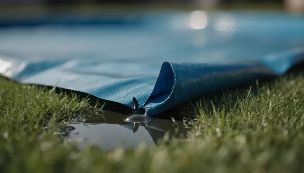 Piscina de Plástico Vale a Pena? Vantagens, Desvantagens e Custos Close-up de um pequeno furo na lona de uma piscina de plástico com uma gota de água vazando, simbolizando a desvantagem da fragilidade do material.