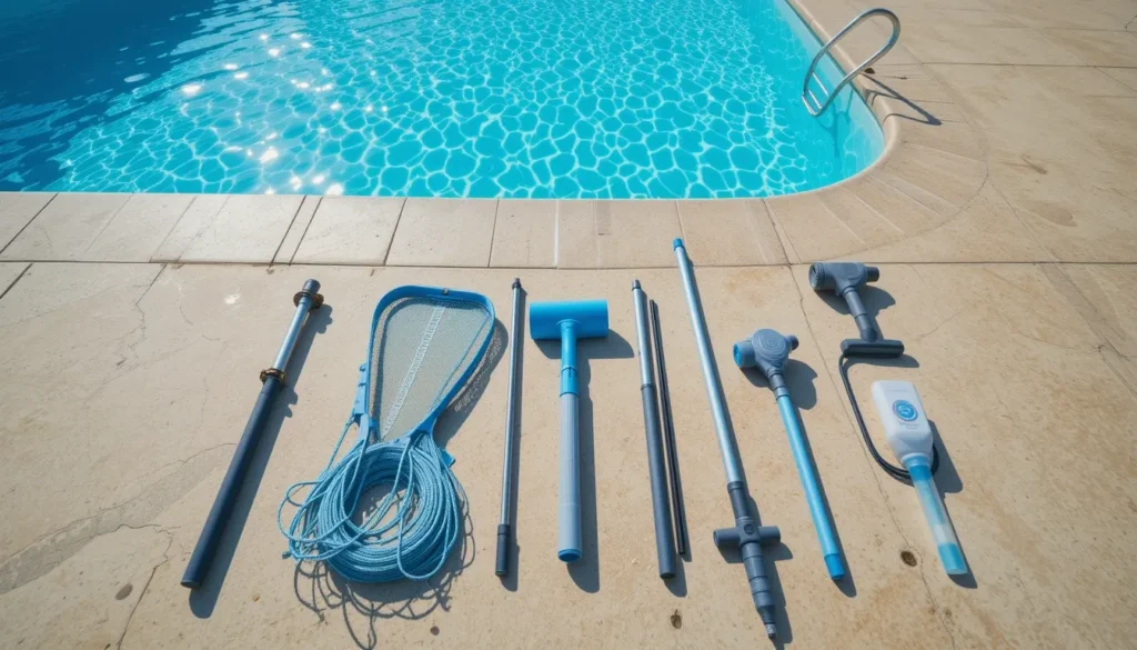 Kit essencial para limpeza de piscina, incluindo peneira, escova e aspirador, organizado ao lado de uma piscina azul e limpa.