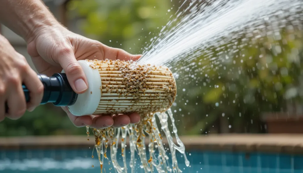 Mãos segurando um refil de filtro de piscina de cartucho e limpando-o com um jato de água de uma mangueira, removendo a sujeira acumulada.