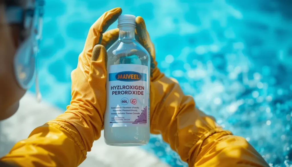 Pessoa usando luvas e óculos de proteção ao manusear uma garrafa de peróxido de hidrogênio concentrado para piscina.