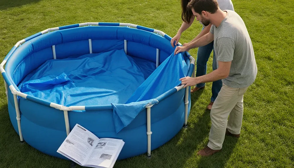 Piscina de Plástico Vale a Pena? Vantagens, Desvantagens e Custos Um casal montando a estrutura de uma piscina de plástico no quintal, mostrando a facilidade e a praticidade da instalação sem necessidade de obras.