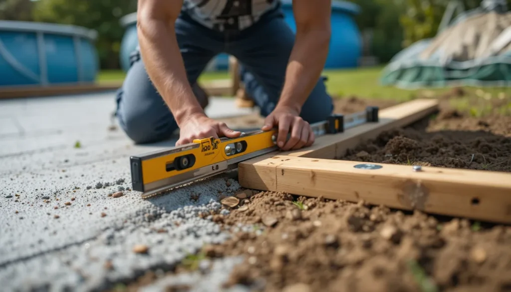 Pessoa usando uma ferramenta de nível de bolha sobre uma régua de madeira para garantir que o chão para a instalação da piscina de plástico esteja 100% nivelado.