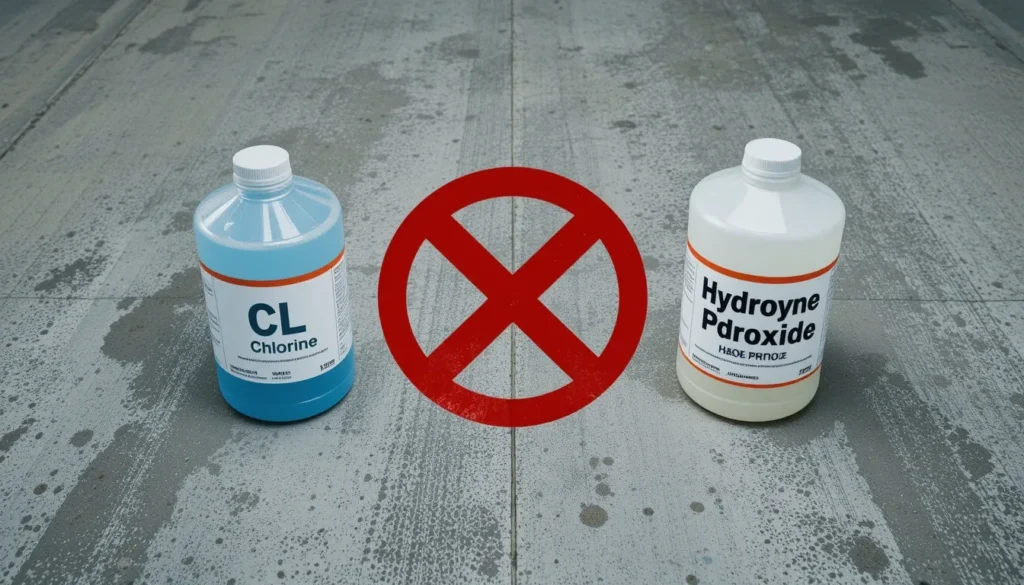 Símbolo de aviso mostrando que o cloro e o peróxido de hidrogênio nunca devem ser misturados diretamente devido a uma reação perigosa.