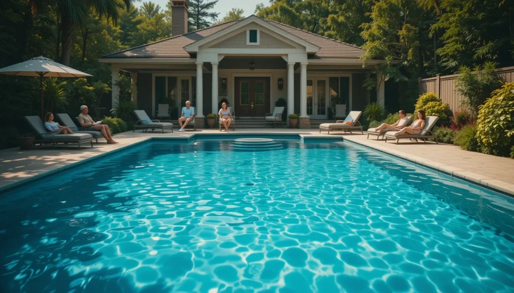 Família feliz relaxando ao lado de uma piscina perfeitamente limpa e com água cristalina após o tratamento correto.