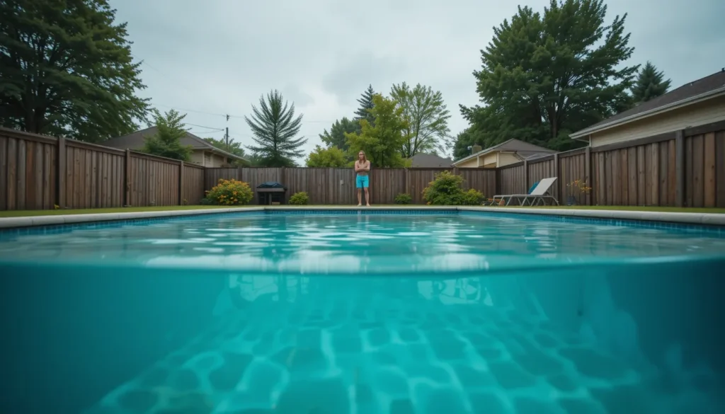 Clarificante para Piscina: O que é, Como e Quando Usar para Ter Água Brilhando Visão de uma piscina com a água ligeiramente turva e opaca, onde o fundo é visível mas sem nitidez, ilustrando o problema que o clarificante de piscina se propõe a resolver.