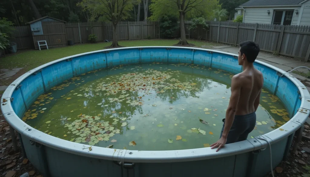Uma piscina de armação desmontável com a água completamente verde e turva, cheia de folhas, mostrando um problema comum de manutenção.