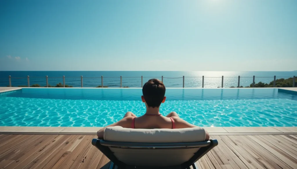 Clarificante para Piscina: O que é, Como e Quando Usar para Ter Água Brilhando Uma pessoa relaxando na borda de uma piscina com água impecavelmente cristalina, com o sol criando reflexos brilhantes, mostrando o sucesso do tratamento com clarificante.