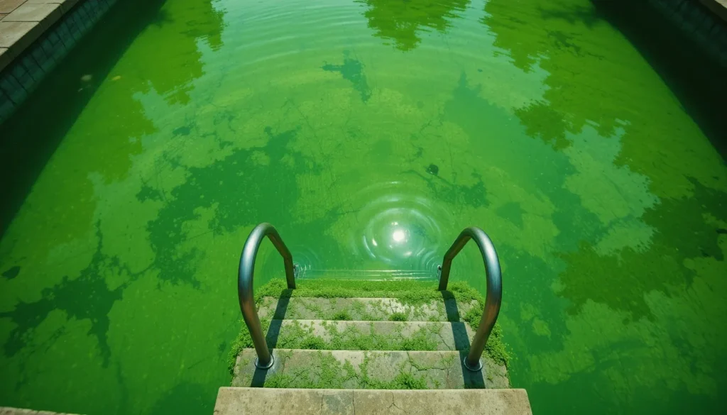Visão em primeira pessoa de uma pessoa olhando para sua piscina que está completamente verde e turva devido a uma infestação de algas.