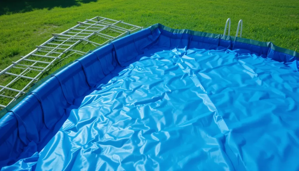 Lona de uma piscina de plástico azul estendida sobre o gramado para secar ao sol, com as peças da estrutura organizadas ao lado.