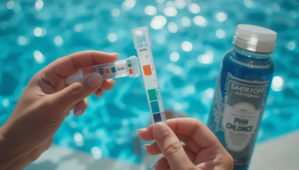Mãos segurando uma fita de teste de água e a comparando com a escala de cores para verificar os níveis de cloro e pH da piscina.