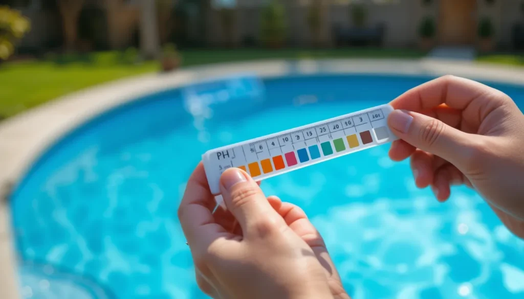 Close-up de uma mão comparando uma fita de teste de água com a tabela de cores do kit, com uma piscina de plástico limpa ao fundo.