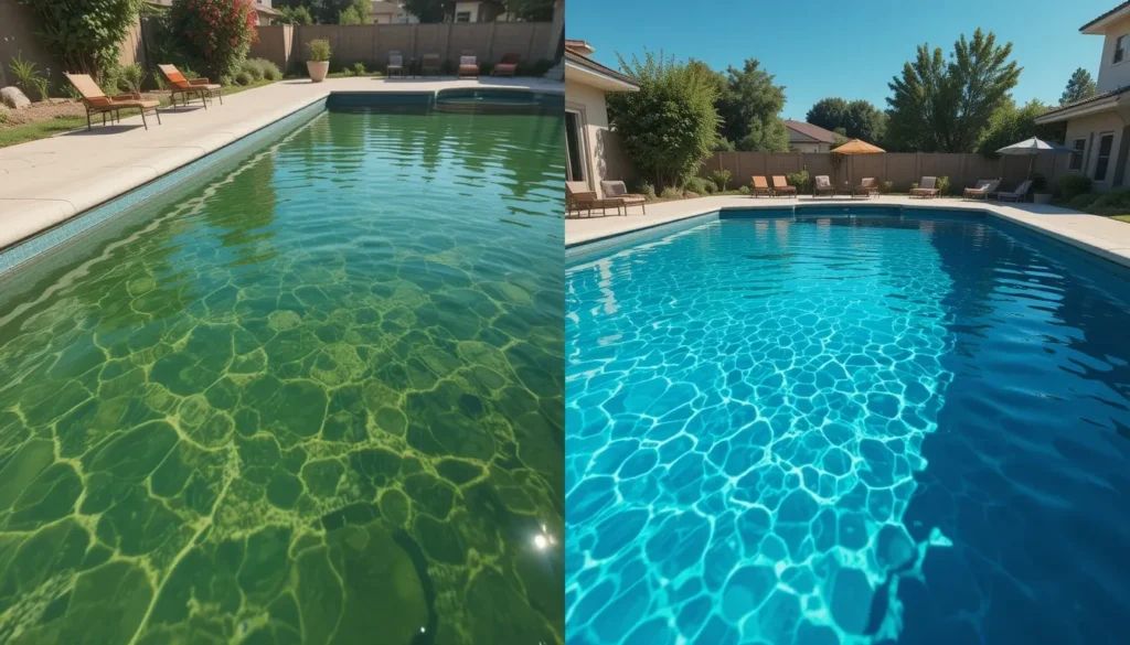 Antes e depois de uma piscina tratada com peróxido de hidrogênio, transformando-se de verde e turva para azul e cristalina.