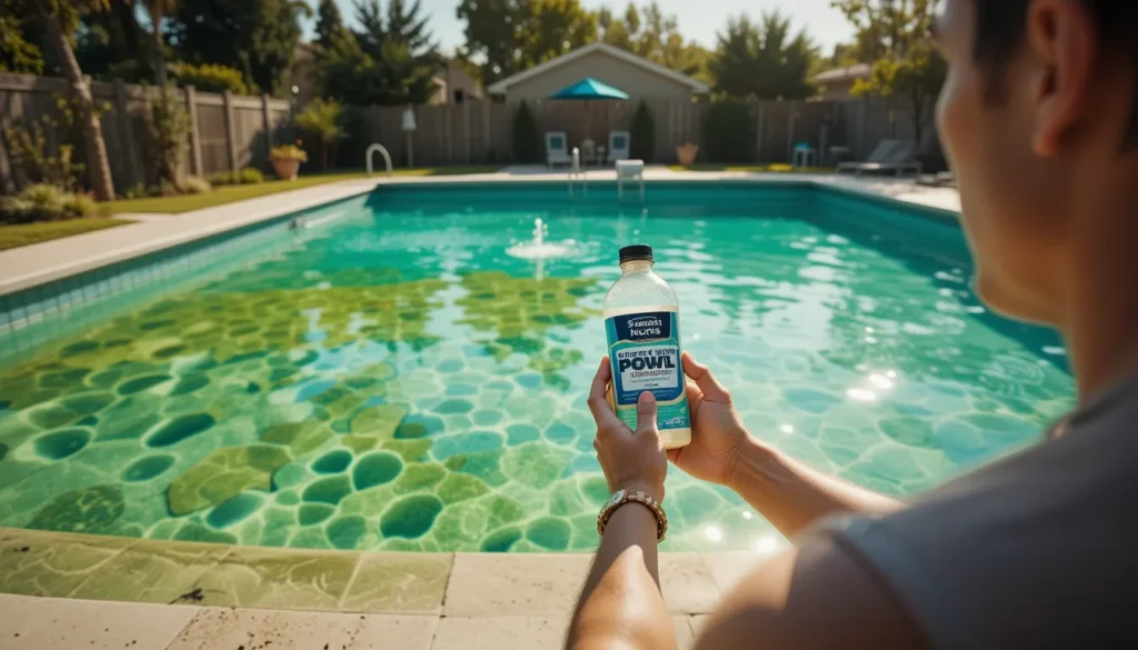 Homem ao lado de uma piscina verde segurando uma garrafa de peróxido de hidrogênio, considerando-o como tratamento.