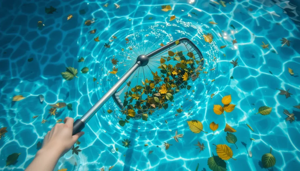 Pessoa utilizando uma peneira com cabo telescópico para remover folhas e detritos da superfície da água da piscina.