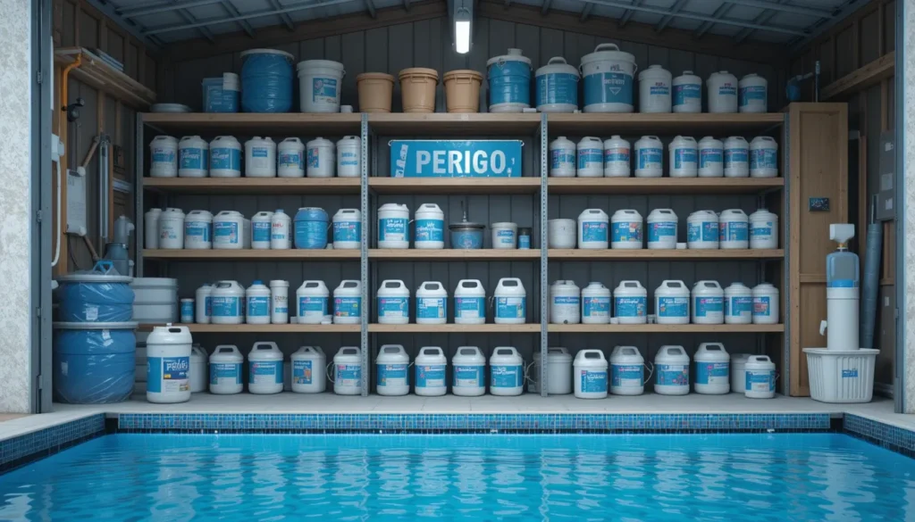 Cloro para Piscina: O Guia Completo de Tipos, Quantidade e Uso Armário de armazenamento limpo e organizado com embalagens de cloro e outros produtos químicos de piscina, demonstrando práticas de armazenamento seguras.