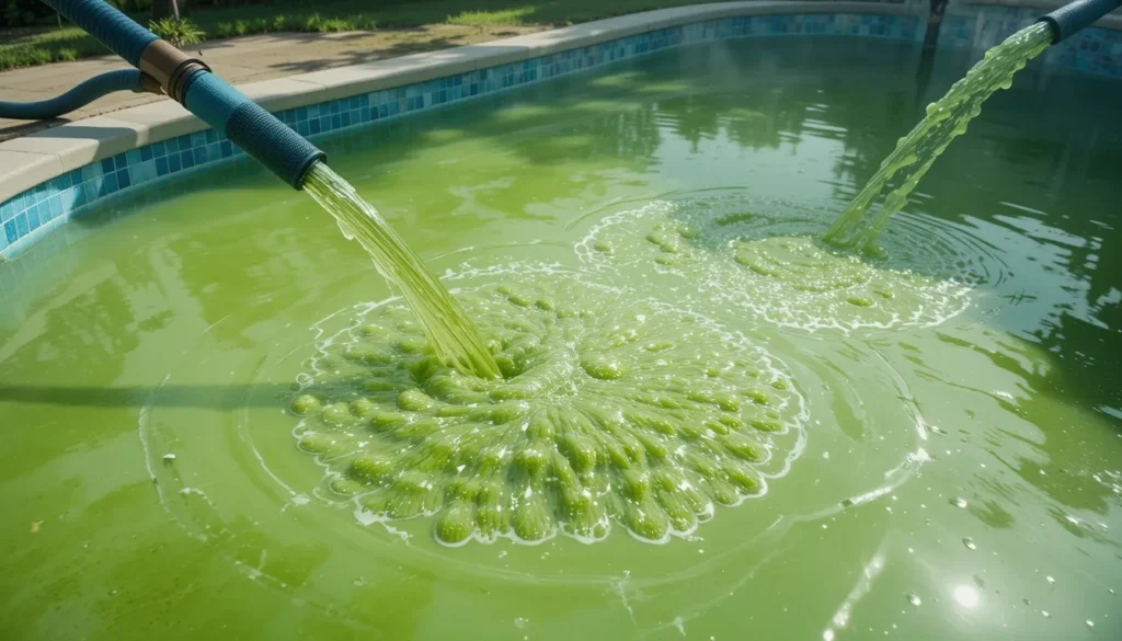 Como Aspirar o Fundo da Piscina Corretamente: O Guia Passo a Passo Processo de aspirar a piscina na função drenar, com a mangueira de esgoto descartando a água verde e suja de algas mortas diretamente para fora da piscina.