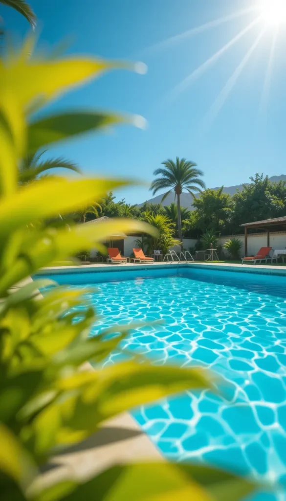 Web Story mostrando a diferença entre algicida de manutenção e de choque. Uma piscina limpa e convidativa em um dia de sol.