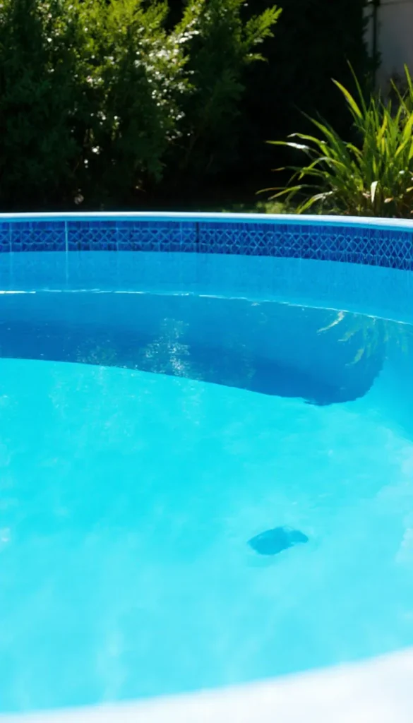 Web Story mostrando como limpar piscina de plástico sem filtro. Uma piscina de lona limpa e convidativa em um dia de sol.