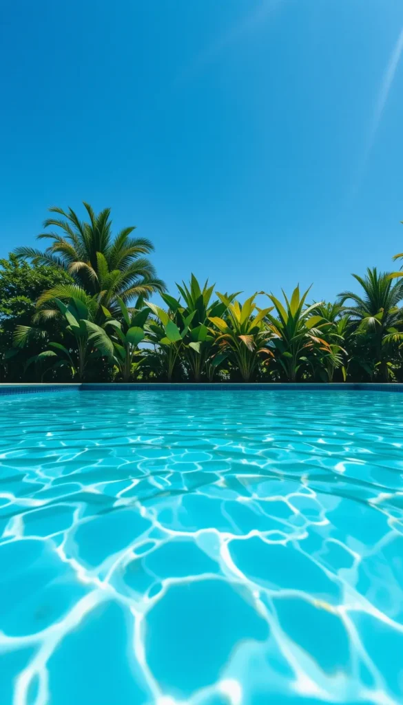 Web Story mostrando o passo a passo da limpeza de piscina. Uma piscina limpa e convidativa em um dia de sol.