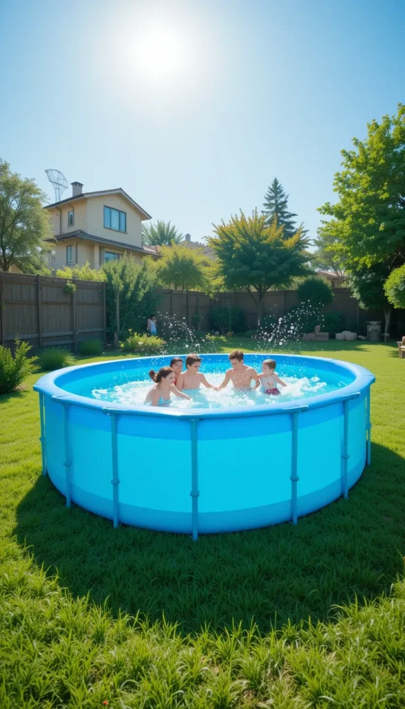 Web Story mostrando o guia da piscina de plástico. Uma família se diverte em uma piscina de armação azul em um dia de sol.