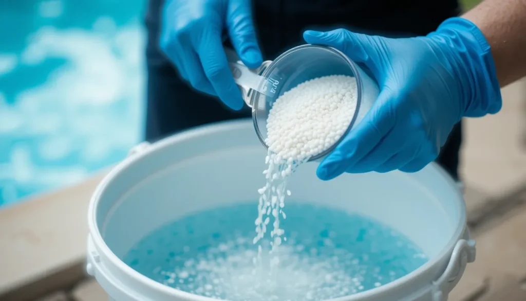 Cloro para Piscina: O Guia Completo de Tipos, Quantidade e Uso Close-up de uma pessoa usando luvas de proteção dissolvendo cloro granulado em um balde com água da piscina antes de aplicar, enfatizando a segurança.