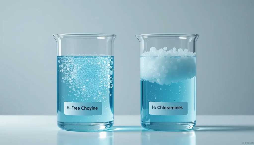 Cloro para Piscina: O Guia Completo de Tipos, Quantidade e Uso Comparativo visual mostrando um copo com água limpa representando o cloro livre e outro com água turva representando as cloraminas, ou cloro combinado.