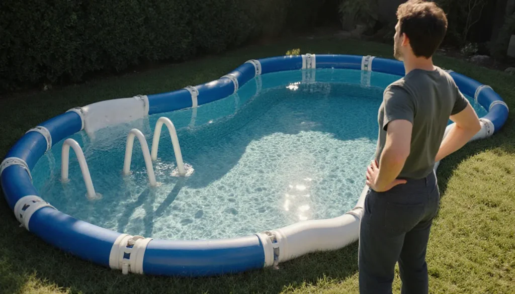 Homem frustrado olhando para uma piscina de plástico torta e prestes a desabar em seu quintal