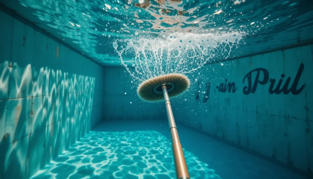 Pessoa realizando a escovação das paredes de uma piscina de alvenaria para remover algas e biofilme.