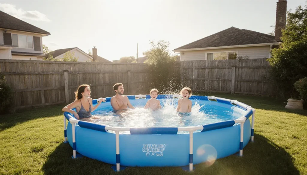 Como Montar e Desmontar Piscina de Plástico: Passo a Passo Para Não Errar Família feliz se divertindo em uma piscina de plástico bem montada em um dia de sol no quintal de casa.