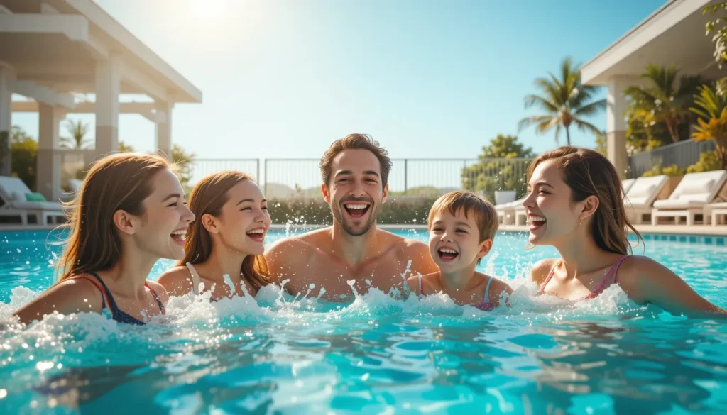 Uma família sorrindo e se divertindo em uma piscina com água perfeitamente limpa e azul, o resultado de uma boa manutenção.