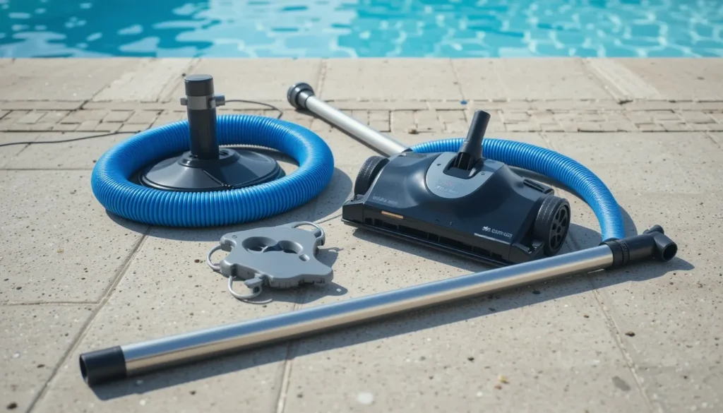 Como Aspirar o Fundo da Piscina Corretamente: O Guia Passo a Passo Equipamentos para aspirar piscina, incluindo aspirador manual, mangueira e cabo telescópico, organizados ao lado de uma piscina limpa.