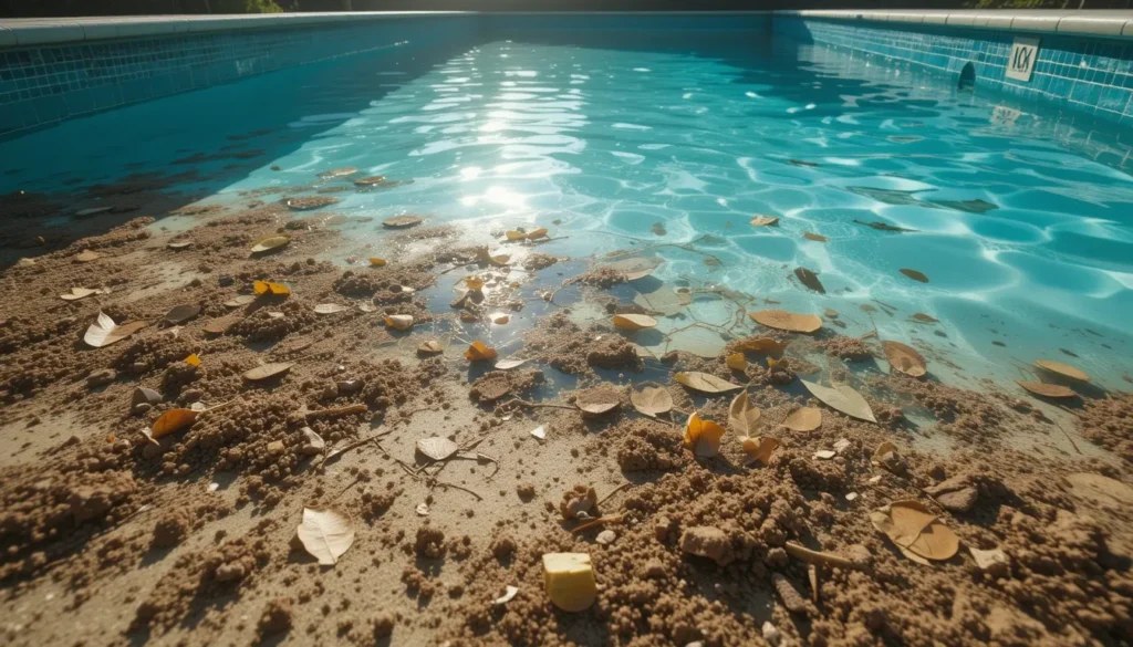 Close-up do fundo de uma piscina suja, mostrando a necessidade de aspiração para remover folhas, areia e detritos acumulados.