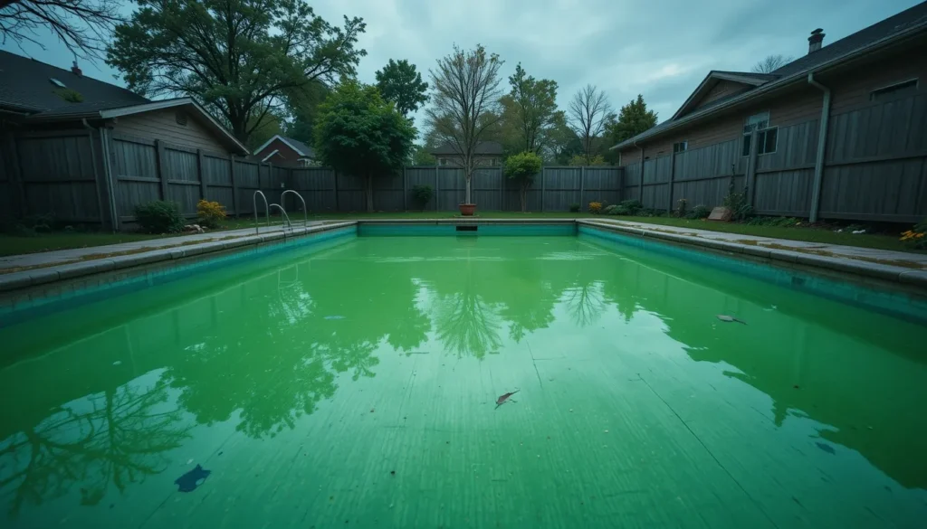 Cloro para Piscina: O Guia Completo de Tipos, Quantidade e Uso magem de uma piscina com a água completamente verde e turva devido a uma infestação de algas, necessitando de um tratamento de choque com cloro.