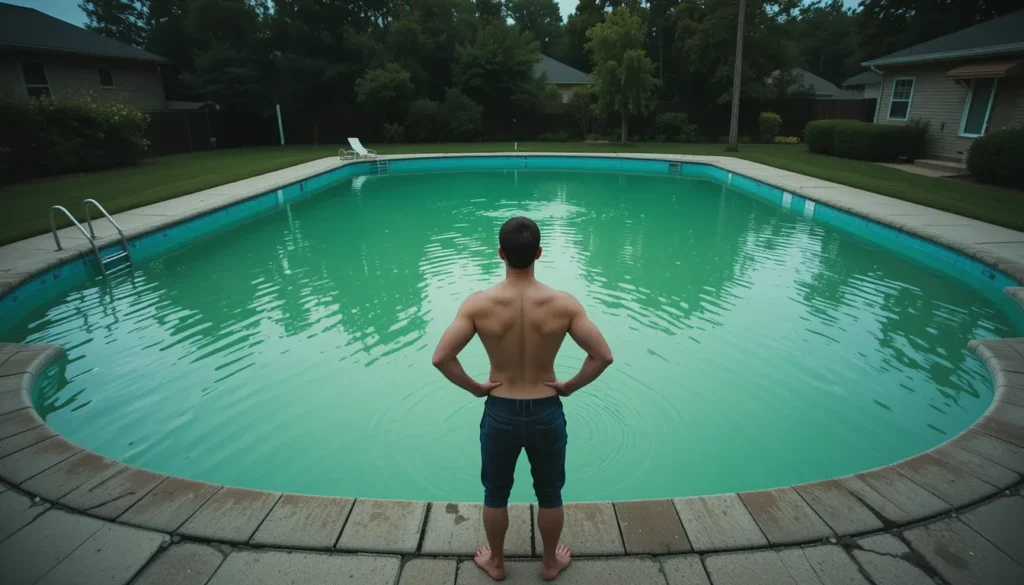 Um proprietário frustrado ao lado de sua piscina com água verde e turva, simbolizando a necessidade de uma limpeza completa.
