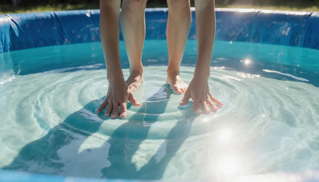 Como Montar e Desmontar Piscina de Plástico: Passo a Passo Para Não Errar Pessoa dentro da piscina com pouca água, alisando as rugas do fundo com os pés para garantir uma montagem perfeita.