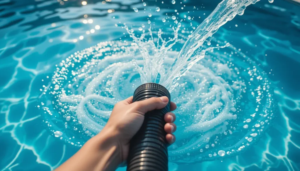 Como Aspirar o Fundo da Piscina Corretamente: O Guia Passo a Passo Pessoa retirando o ar da mangueira da piscina, posicionando a ponta contra o jato de retorno de água para preenchê-la completamente antes de conectar ao skimmer.
