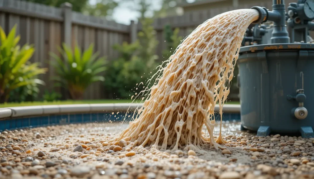 Água suja sendo expelida pela mangueira de retrolavagem de um filtro de piscina, demonstrando a limpeza do sistema.