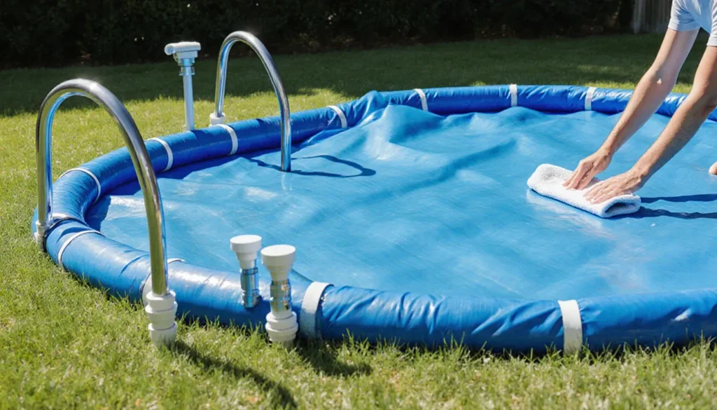 Como Montar e Desmontar Piscina de Plástico: Passo a Passo Para Não Errar Lona azul de uma piscina de plástico estendida na grama secando ao sol antes de ser guardada para o inverno.