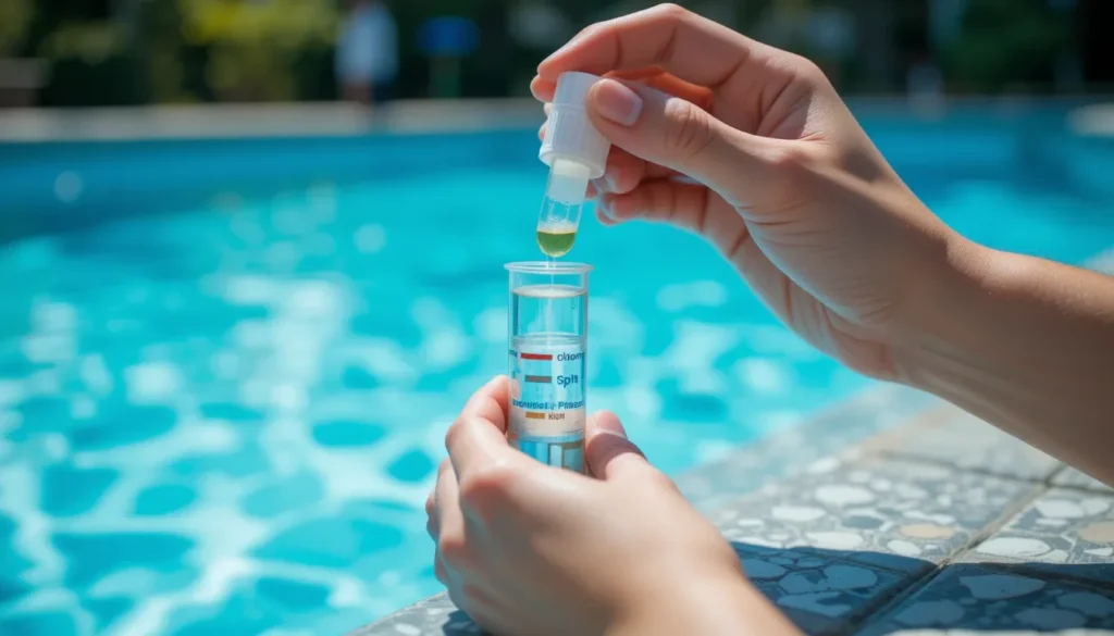 Cloro para Piscina: O Guia Completo de Tipos, Quantidade e Uso Close-up das mãos de uma pessoa usando um kit de teste com reagentes para medir o pH e o cloro da água de uma piscina limpa.