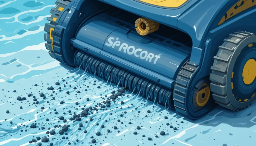O Guia Definitivo: Os 5 Melhores Robôs Aspiradores de Piscina em 2025 (Análise Completa) Ilustração em close-up mostrando a escova de um robô de piscina girando rapidamente para esfregar e soltar a sujeira incrustada no revestimento da piscina.