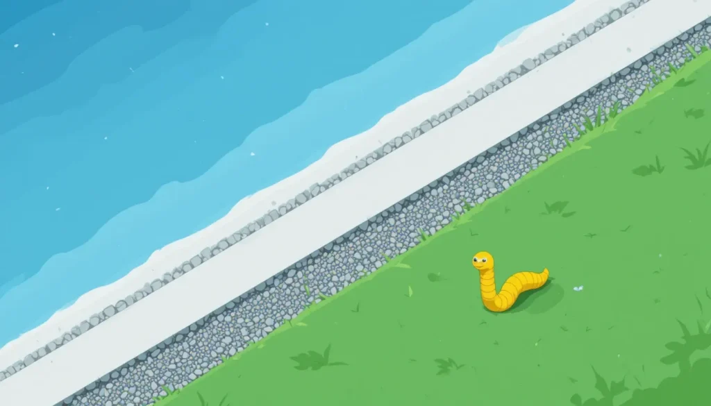 Como Se Livrar de Minhocas na Sua Piscina: Um Guia Completo Ilustração de uma barreira de cascalho instalada entre o gramado e o deck da piscina para impedir a passagem de minhocas.