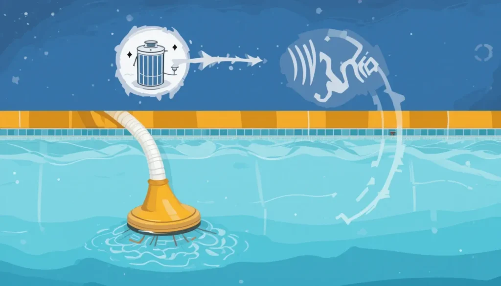 Como Se Livrar de Minhocas na Sua Piscina: Um Guia Completo Diagrama do processo de aspiração do fundo da piscina, indicando o uso da função 'drenar' para remover detritos orgânicos.