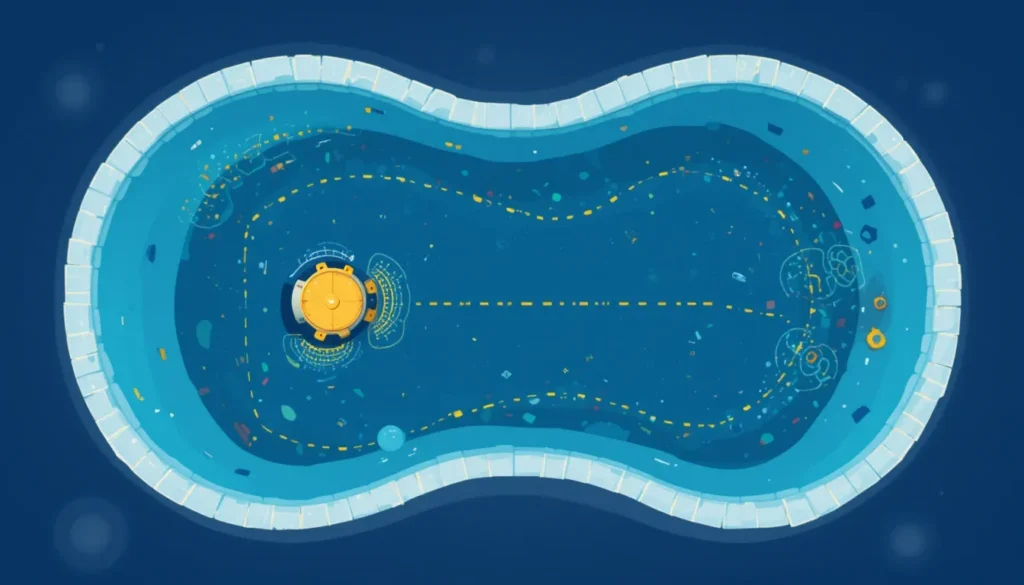 O Guia Definitivo: Os 5 Melhores Robôs Aspiradores de Piscina em 2025 (Análise Completa) Ilustração vista de cima de uma piscina, mostrando o caminho de limpeza eficiente e planejado de um robô aspirador, cobrindo toda a superfície do fundo.
