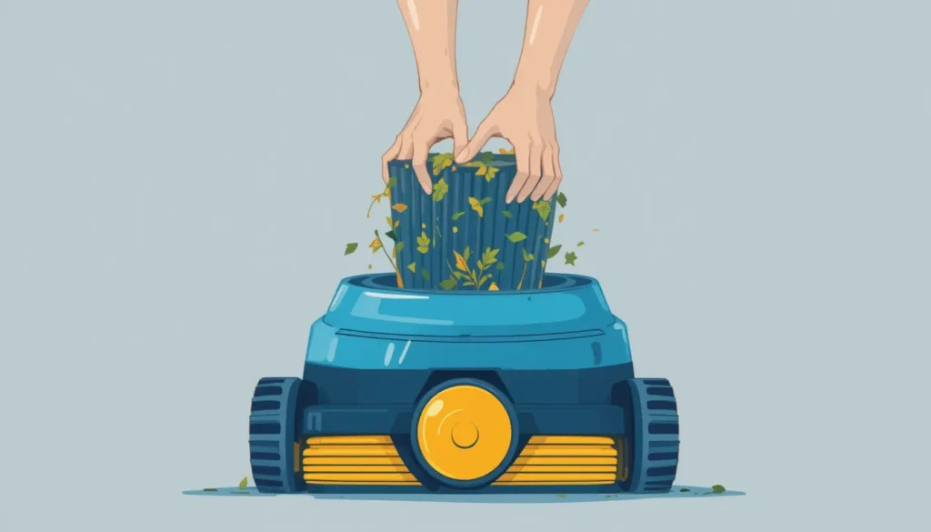 O Guia Definitivo: Os 5 Melhores Robôs Aspiradores de Piscina em 2025 (Análise Completa) Ilustração mostrando a facilidade de remover um cesto de filtro pela parte superior de um robô de piscina para realizar a limpeza.