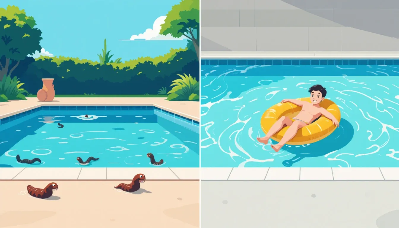 Ilustração de antes e depois mostrando uma piscina com minhocas se tornando uma piscina limpa e convidativa.