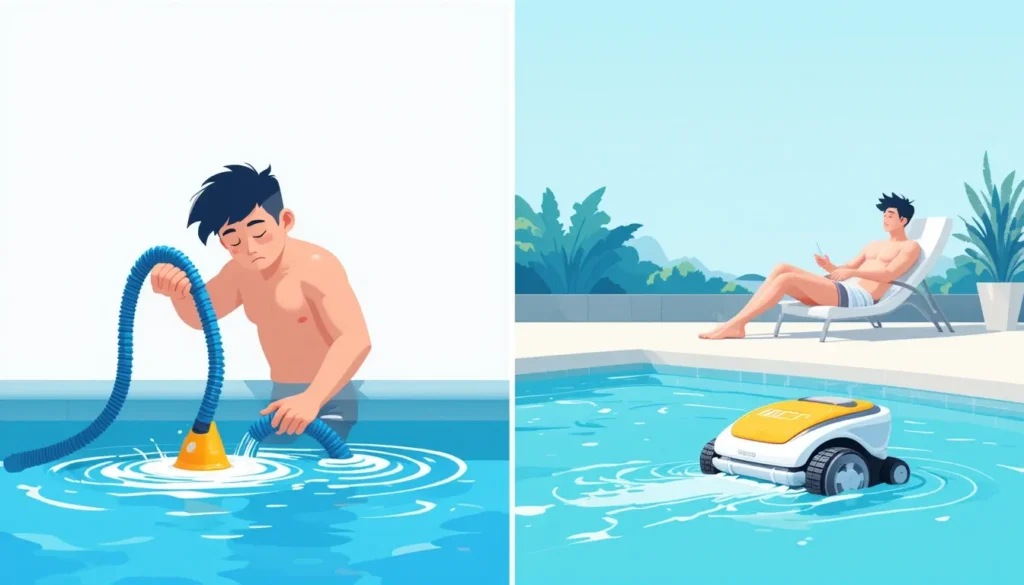 Ilustração comparando a limpeza manual de piscina, trabalhosa e com mangueiras, com a conveniência de um robô aspirador autônomo que limpa a piscina enquanto uma pessoa relaxa.